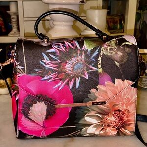 Ted Baker London Poppy Floral Top Handle Satchel Crossbody Black Pink Rose Gold